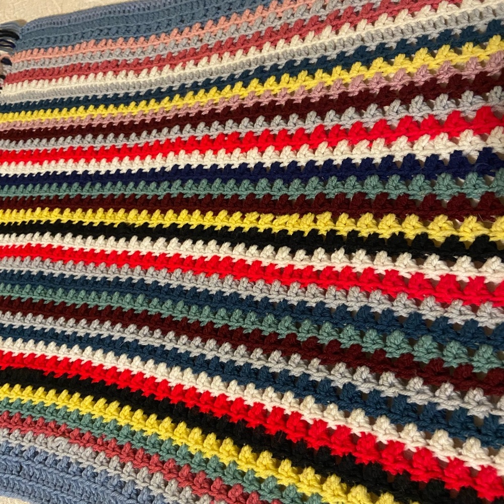Crocheted throw striped  afghan multi colored